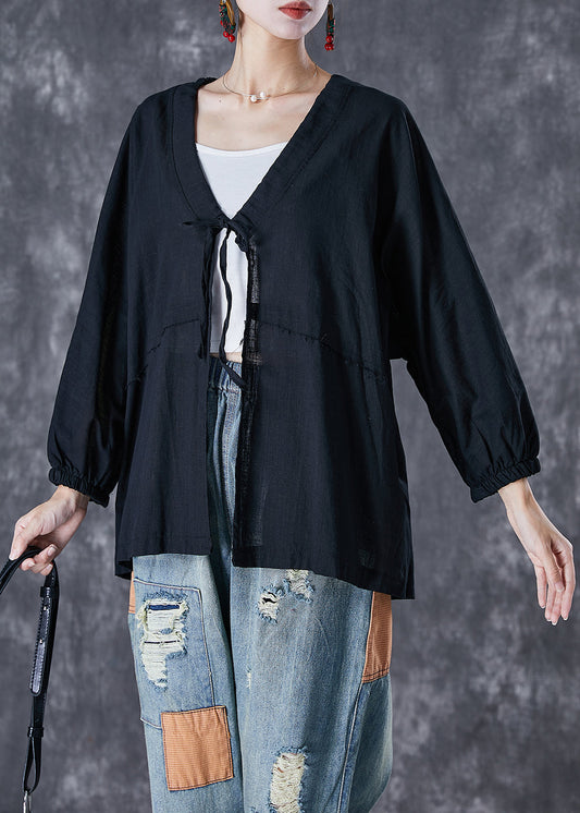 Black Oversized Lace Up Linen Cardigan Fall