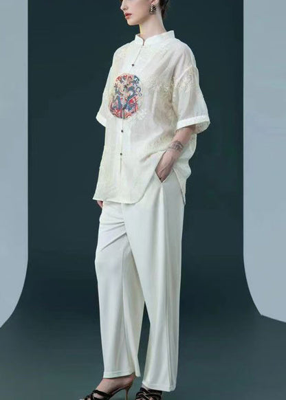 Chinese Style Beige Embroidered Button Silk Two-piece Set Summer