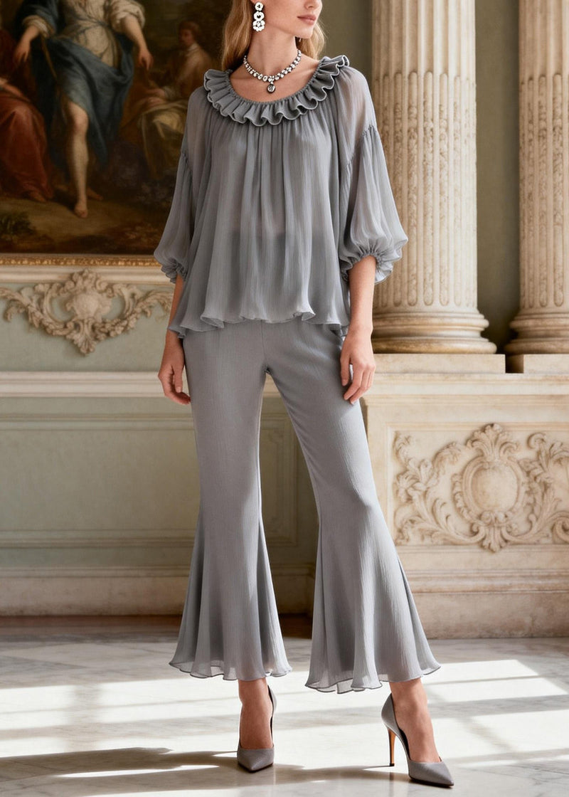 Grey Ruffled Patchwork Silk Two Pieces Set Summer