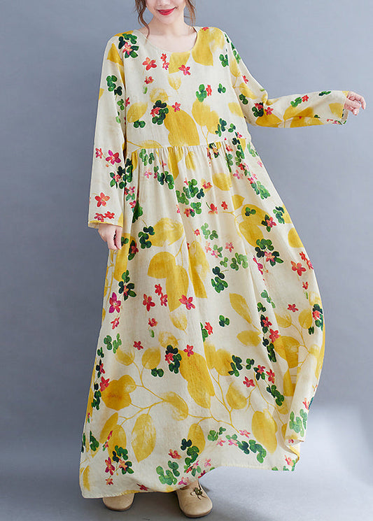 Boutique Yellow O-neck Cinched Pockets Beach Dress Long Sleeve