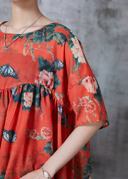 Red Oversized Print Cotton Shirt Top Summer