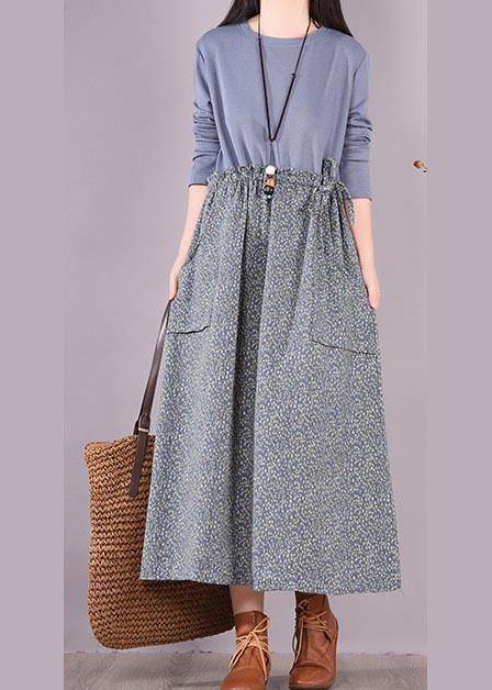 O Neck Spring Wardrobes Sewing Blue Patchwork Print Art Dresses