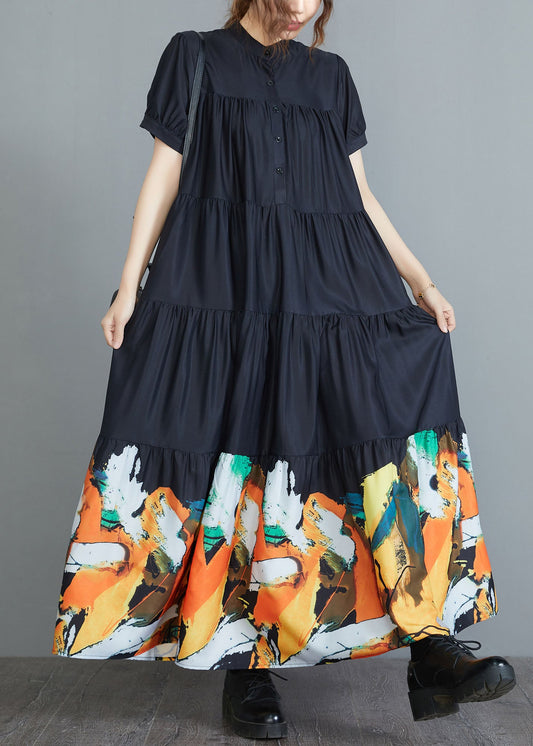 Black Stand Collar Patchwork Print Cotton Pleated Shirt Dress Short Sleeve