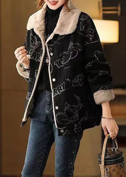 Black Print Button Patchwork Warm Fleece Coat Winter