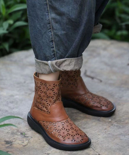 Brown Boots Cowhide Leather Hollow Out Splicing