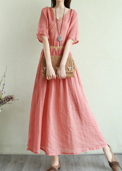 Green Tie Waist V Neck Patchwork Linen Dresses Half Sleeve