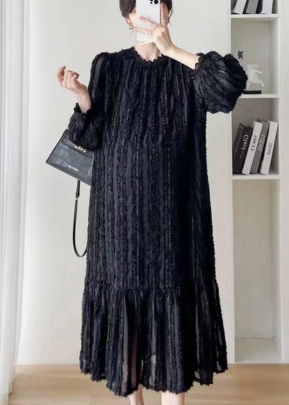 Black Stand Collar Wrinkledpatchwork Lace Dress Fall