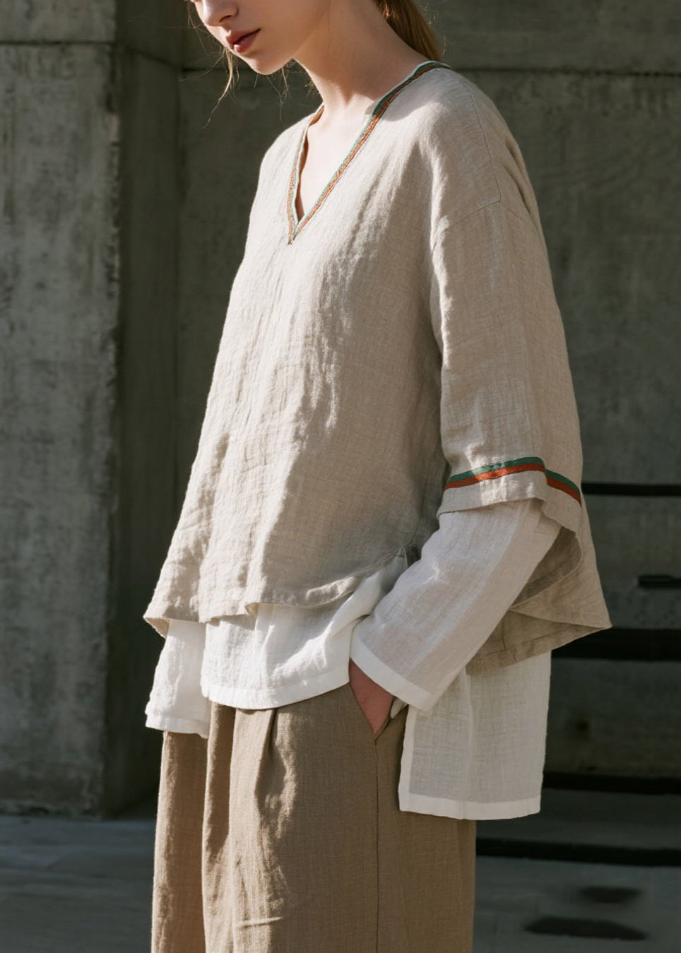 Apricot Oversized Patchwork Cotton Fake Two Piece Shirts Spring