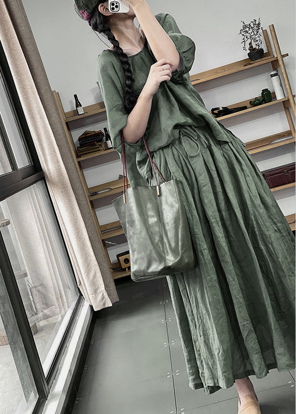 Green Wrinkled Pockets Cotton Two Pieces Set Half Sleeve