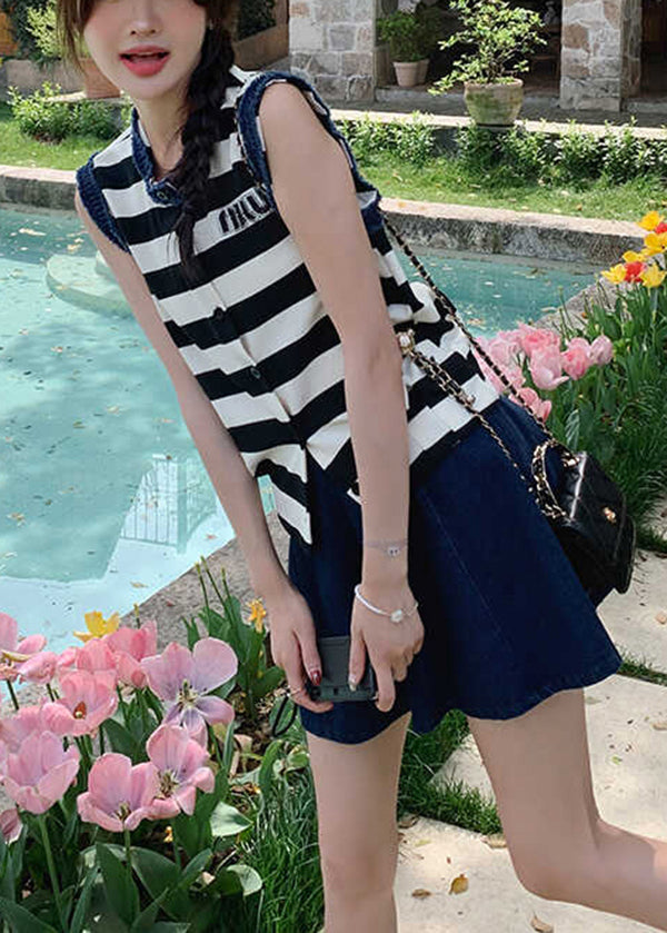 Stylish O-neck Striped Denim Patchwork Cotton Two Pieces Set Summer