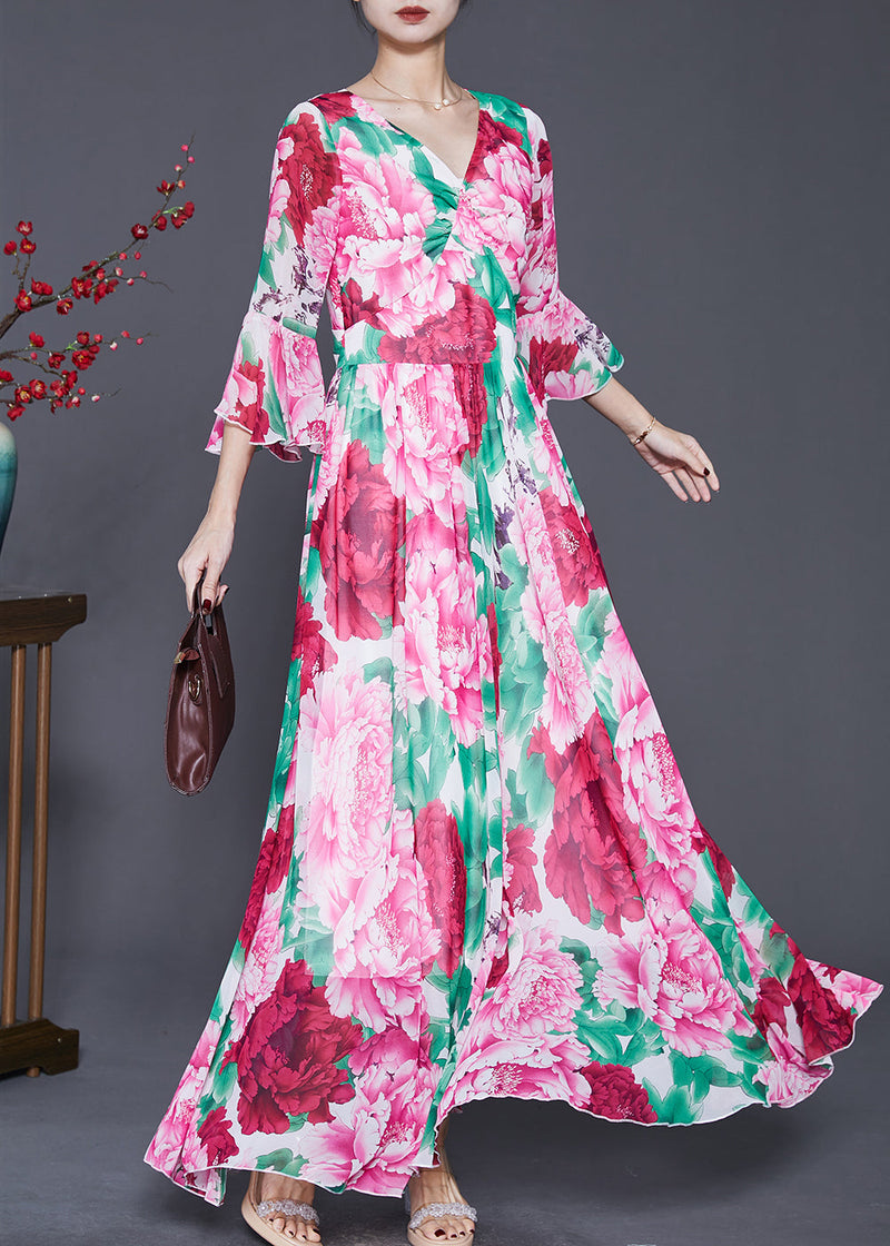 Red Exra Large Hem Chiffon Ankle Dress Flare Sleeve