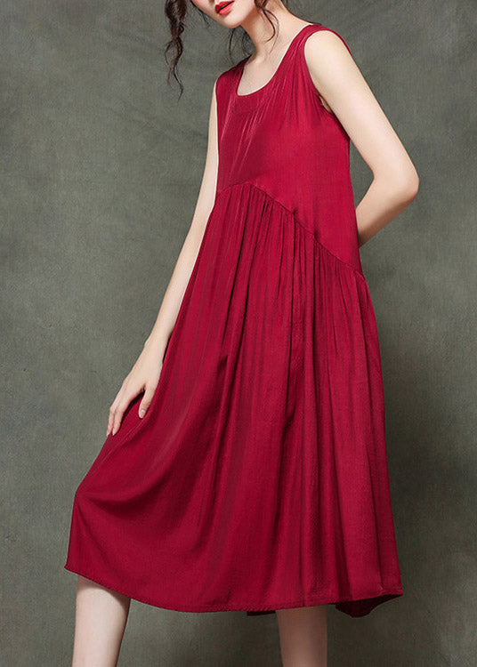 Wine Red O-neck Wrinkled Long Dresses Sleeveless