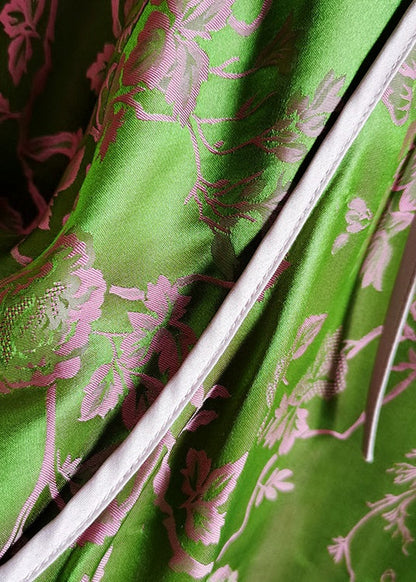 Green Stand Collar Patchwork Jacquard Silk Tops Spring