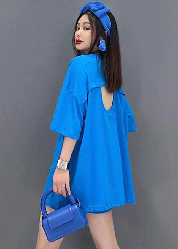 Blue O-neck Backless Cotton Tanks and Shorts Two-piece Set Summer