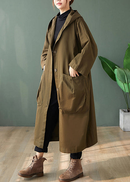 Black Hooded Pockets Patchwork Cotton Long Trench Coats Long Sleeve