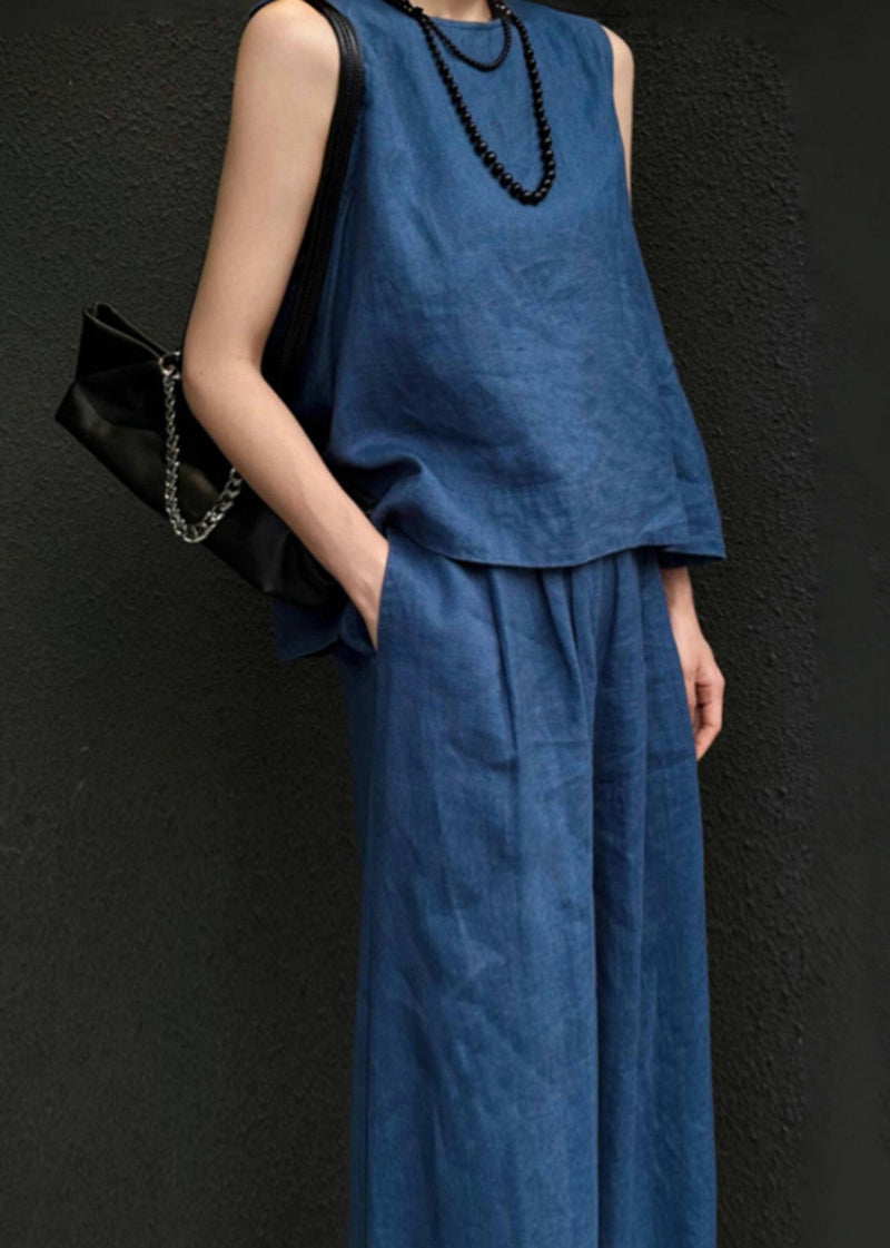 Blue Linen Vest and Wide Leg Pants Two Pieces Set Sleeveless