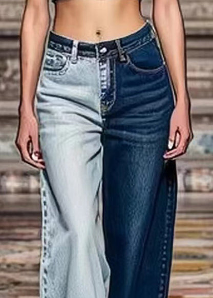 Colorblock Asymmetrical Pockets High Waist Denim Crop Pants Summer