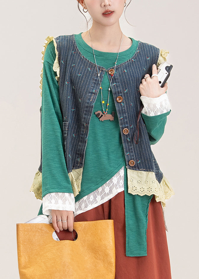 Stylish Denim Blue Lace Patchwork Embroidered Waistcoat and Top Two Pieces Set Fall