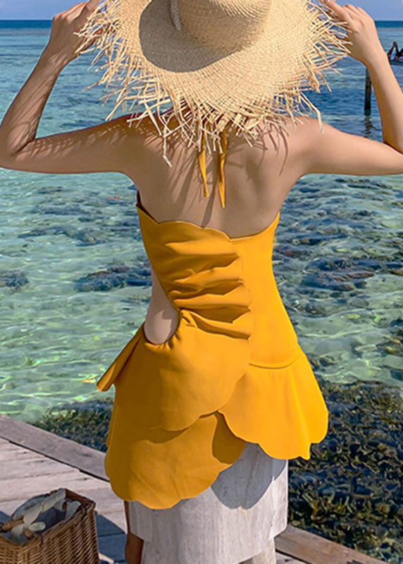 Yellow Ruffled Hollow Out Bodysuit