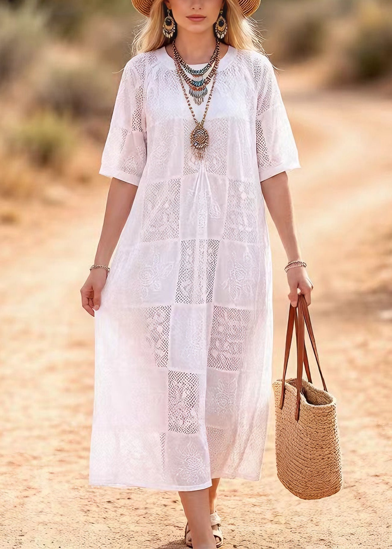 White O Neck Embroidered Lace Maxi Dress Summer