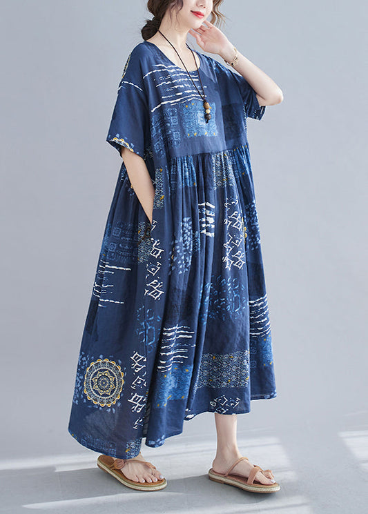 Loose Blue O-neck Print Wrinkled Beach Dress Short Sleeve