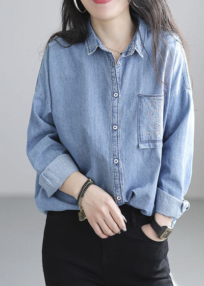 Navy Embroidered Denim Shirt Spring