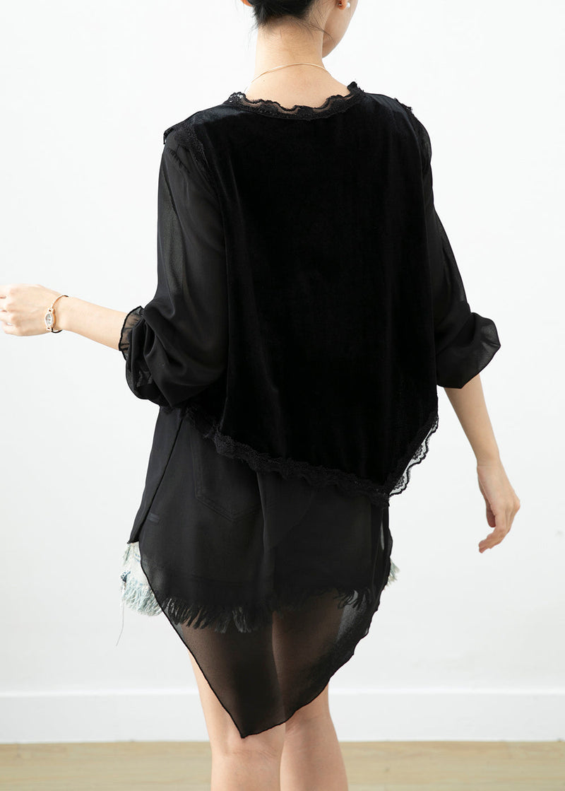 Black Asymmetrical Patchwork Silk Velour Blouse Tops Fall