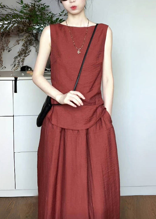 Red Pockets Top and Maxi Skirts Two Piece Set Sleeveless