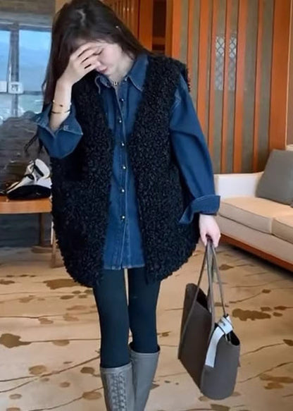 Black Oversized Faux Fur Vests and Denim Shirts Two Pieces Set Winter