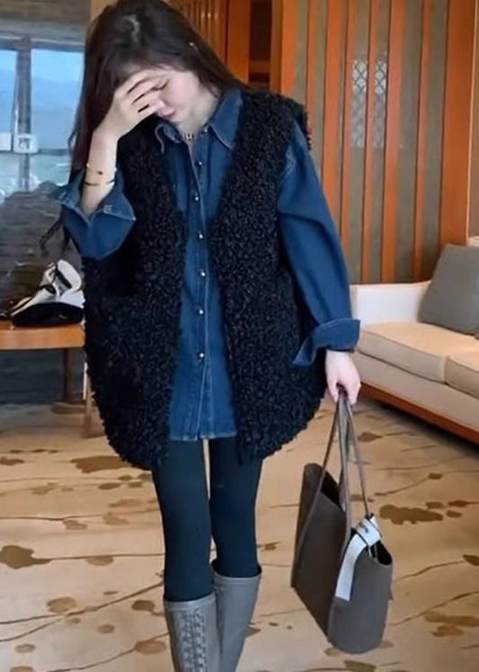 Black Oversized Faux Fur Vests and Denim Shirts Two Pieces Set Winter