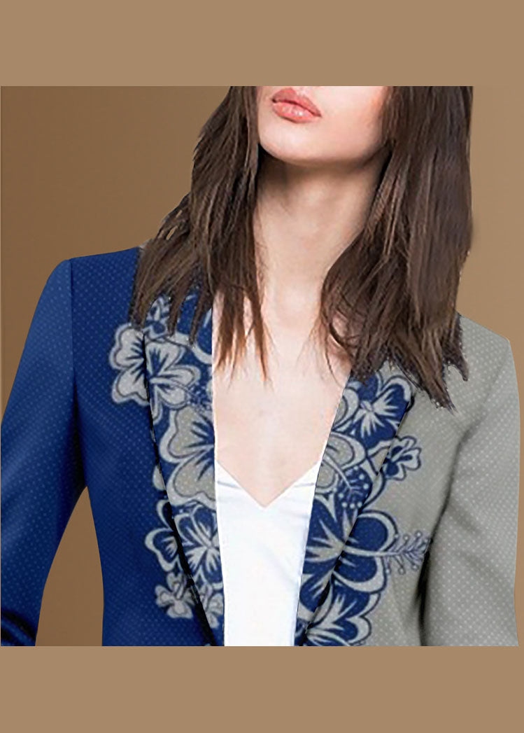 Style Blue Grey Button Peter Pan Collar Print Western-style Clothes Coat Long Sleeve