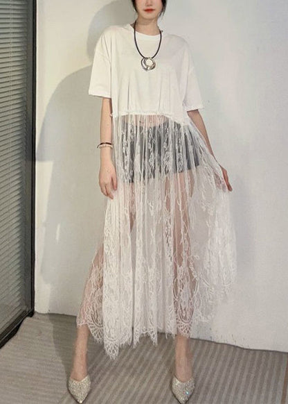 Black Hollow Out Lace Patchwork T Shirt Dress Summer