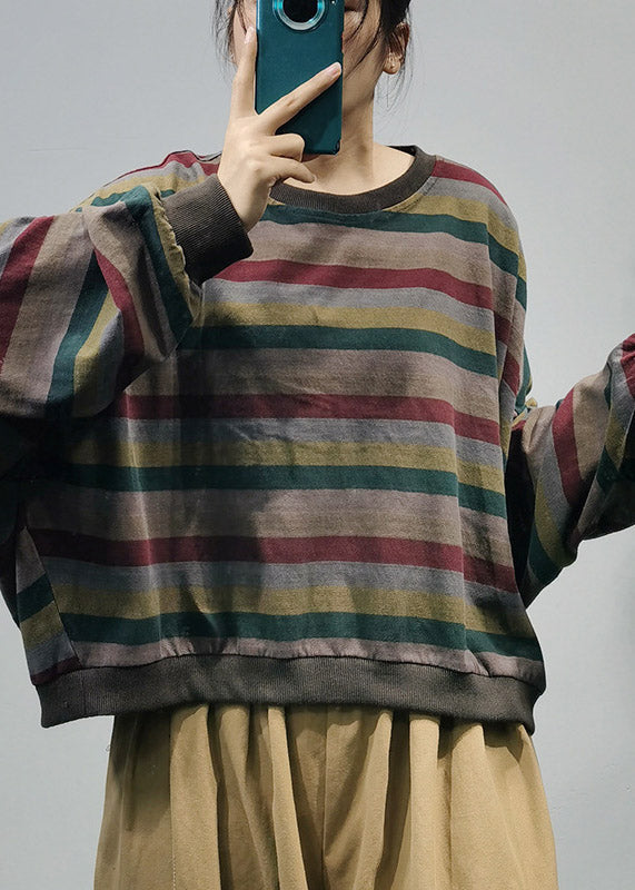Italian Colorblock 1 O-neck Striped Patchwork Cotton Sweatshirt Top Long Sleeve