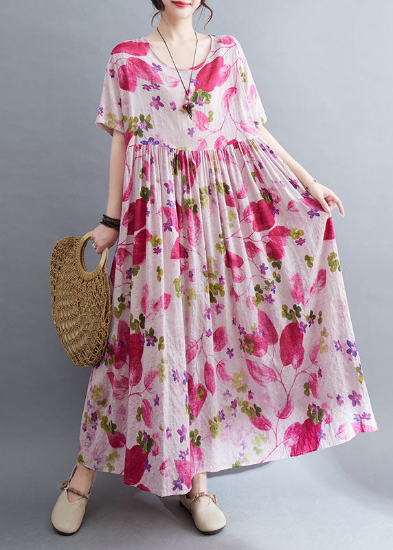 Rose O-neck Print Wrinkled Maxi Dresses Short Sleeve