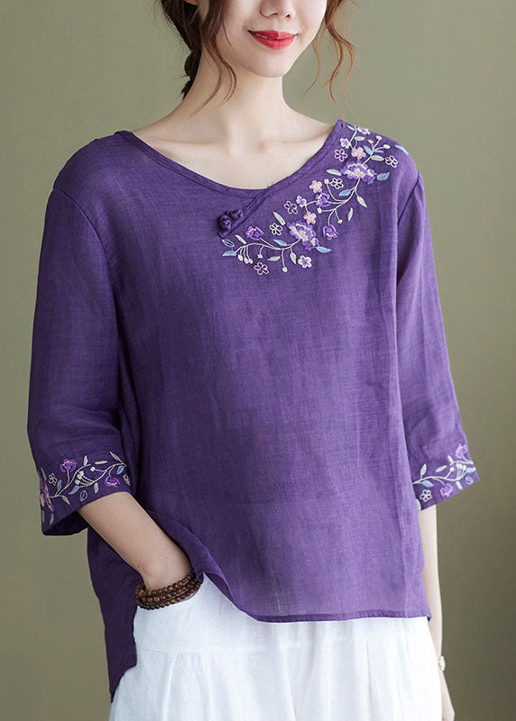 Diy Pink Crane Embroidered Side Open Half Sleeve Top