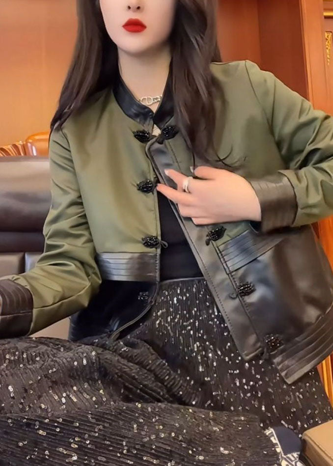 Green O-neck Patchwork Button Leather Jacket Fall