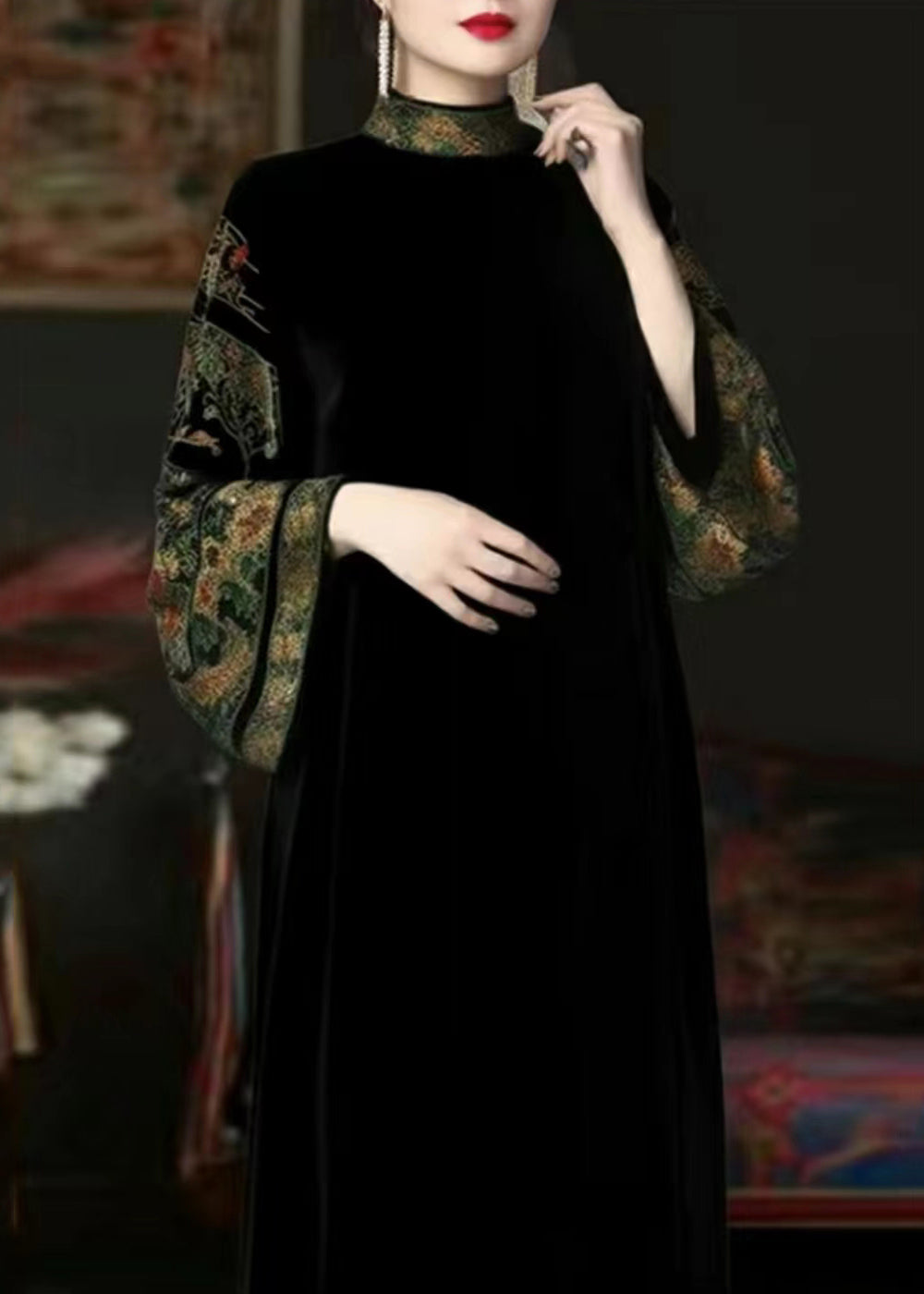 Black Turtleneck Print Patchwork Silk Velour Long Dresses Fall