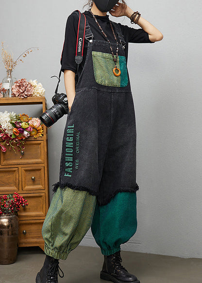 Black Asymmetrical Pocket Cotton Denim Jumpsuit Spring