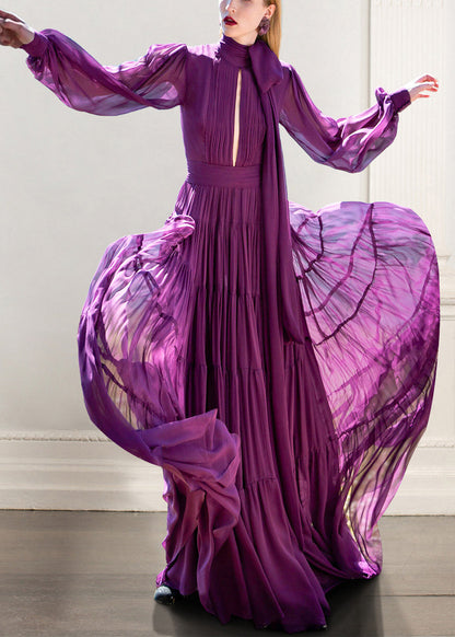 Purple Bow Wrinkled Hollow Out Chiffon Ankle Dress Fall