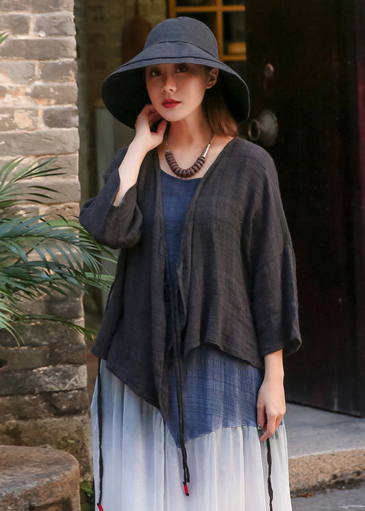 Black V Neck Cotton Cardigan Cinched Spring