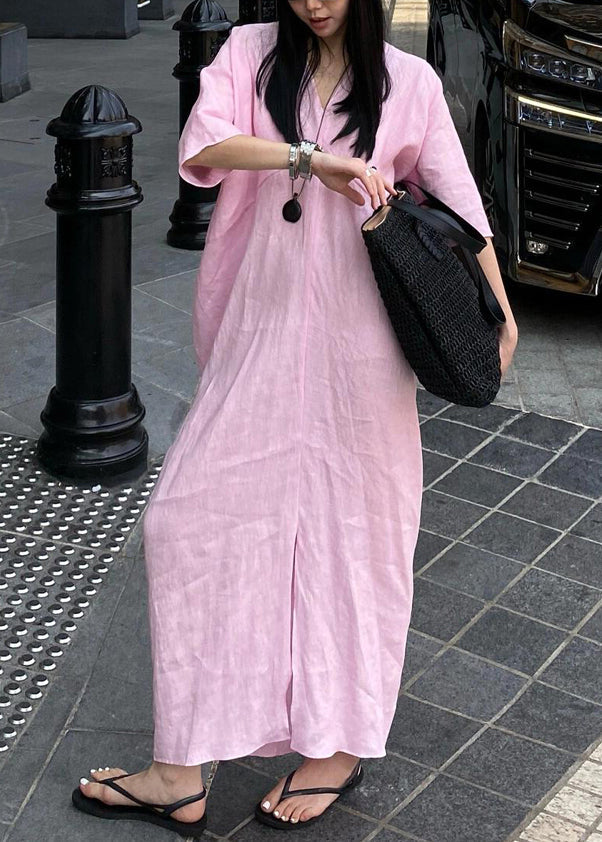 Pink V Neck Cotton Long Dresses Summer
