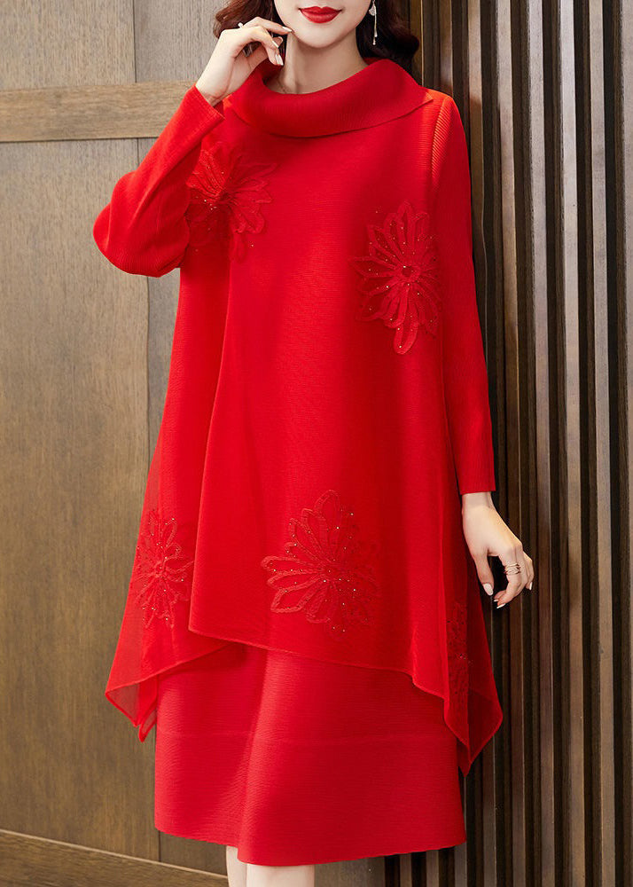 Rose Turtleneck Zircon Patchwork Tulle Dresses Spring