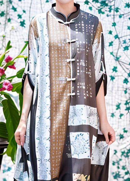 French Brown Button Print Silk Long Dresses Half Sleeve