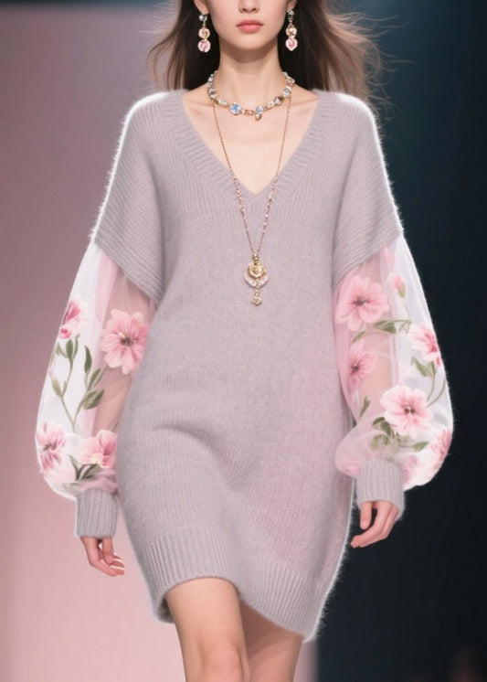 Grey V Neck Patchwork Tulle Knit Dress Winter
