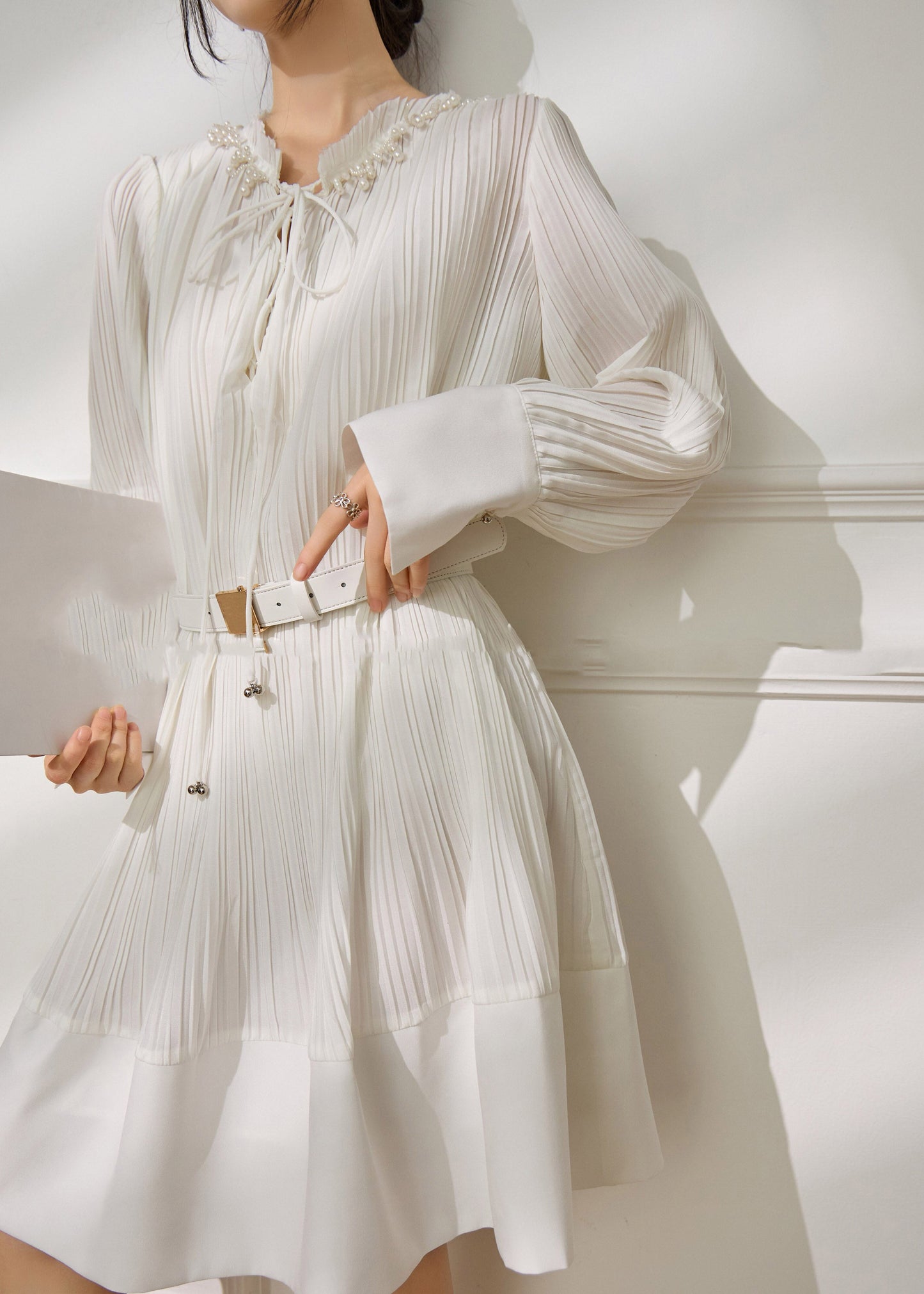 French White Stand Collar Pearl Sashe Long Dress Long Sleeve