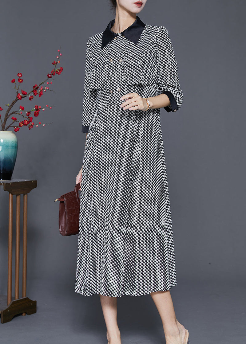 Black Print Silm Fit Chiffon a Line Dress Double Breast Spring