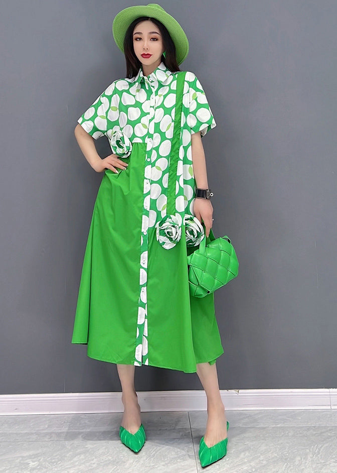 Green Asymmetrical Design Dot Print Cotton Shirt Dresses Short Sleeve