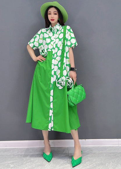 Green Asymmetrical Design Dot Print Cotton Shirt Dresses Short Sleeve