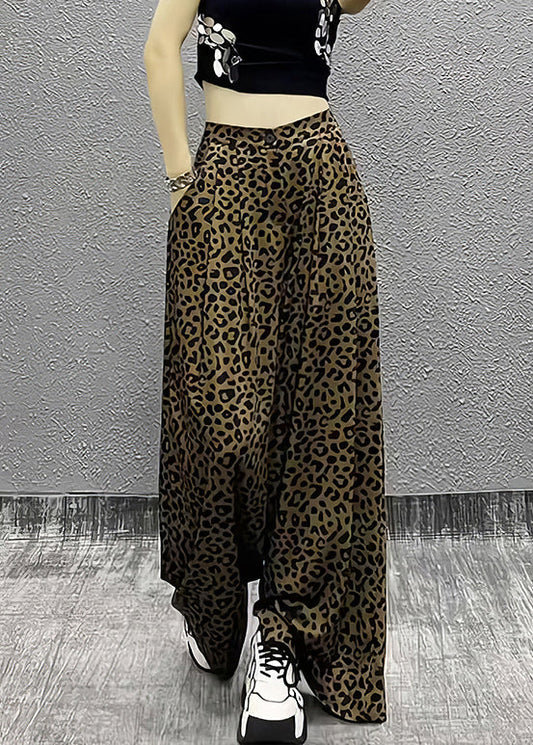 Leopard Pockets High Waist Cotton Wide Leg Pants Summer