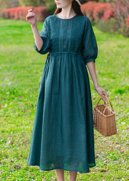Modern Green O-neck Wrinkled Button Color Linen Cinch Dress Half Sleeve